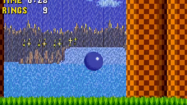 Grassy Cliffs. Sonic The Hedgehog walks into a beetle robot, losing rings, which scatter out in a circle from him. Sonic then destroys the robot by spinning into a ball. (Sonic The Hedgehog)