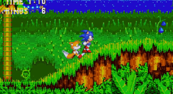 Grassy Hills. Sonic The Hedgehog walks into a moving robot and loses rings, which fall into the foreground and off the screen. (Sonic The Hedgehog 2)