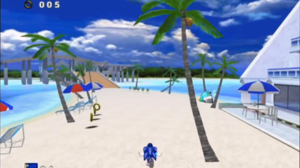 Sunny Beach. Sonic The Hedgehog dashes through the air, but is hurt by a tank-like robot, losing rings which scatter on the ground. (Sonic Adventure)