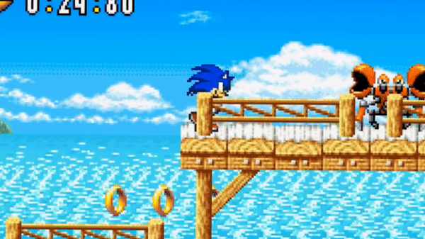 Beach Pier. Sonic The Hedgehog walks into a robot crab, getting hurt and scattering rings everywhere. (Sonic Advanced)