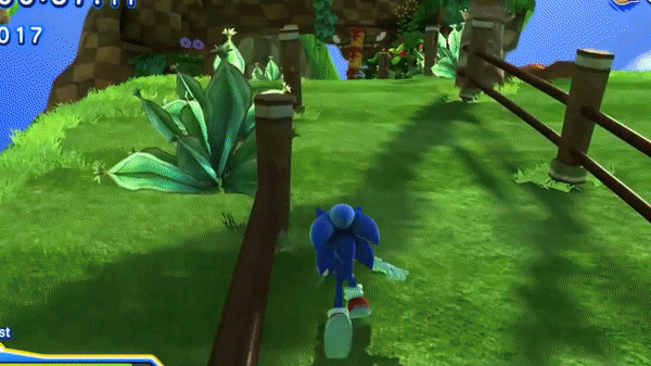 Grassy Hills. Sonic runs into a beetle robot, getting hurt and scattering rings a small distance ahead of him. (Sonic Generations)
