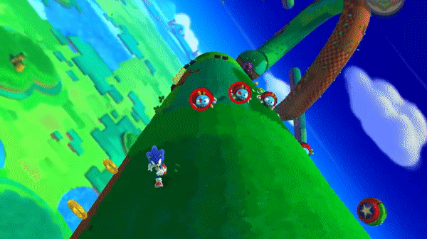 Grassy tube-shaped planetoid. Sonic The Hedgehog walks into a beetle robot, getting hurt and scattering rings in a circle around him. (Sonic Lost World)