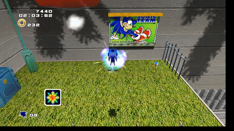 Sonic (Sonic Adventure 2) spins into a ball and launches into the air in a San Francisco-like cityscape, bounces off three flying robots, destroying them, then jumps off a hapless humanoid robot as it jumps out of a hidden spot.