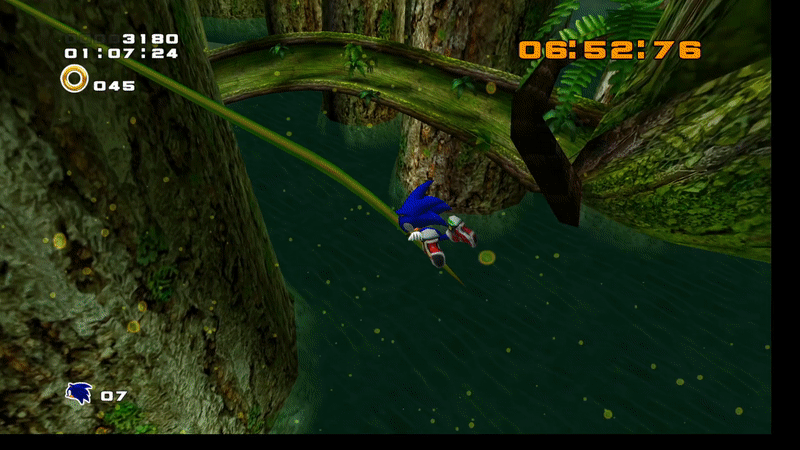 Sonic (Sonic Adventure 2) swings through the air of a tropical jungle on a vine, then briefly runs across a grassy platform before rolling into a ball as he jumps and homing in on two flying robots, destroying them, then homing in on a red bounce spring.