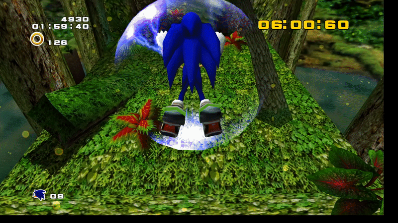 Sonic (Sonic Adventure 2), in a tropical jungle environment, rolls into a ball and dashes straight ahead at high speed, blasting through a robot and running ahead as if the obstacle was nothing.