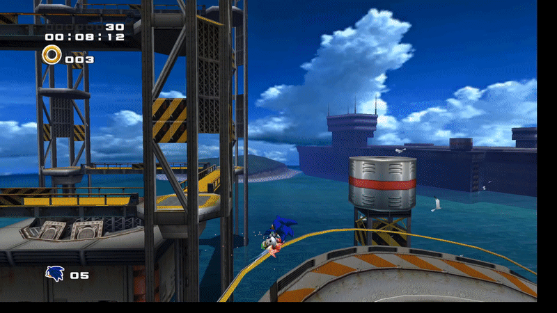 Sonic (Sonic Adventure 2) runs along metal scaffolding over an artificial bay. He spins into a ball then launches into the air, destroying several flying robots before landing on another scaffold. 