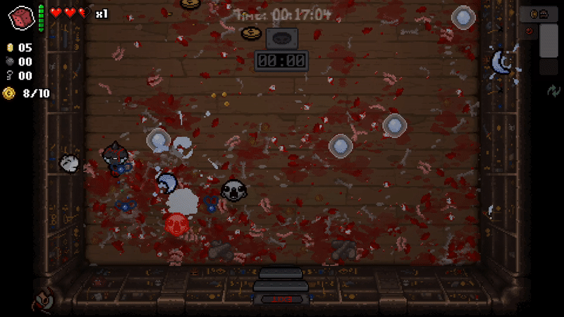 Isaac from The Bind of Isaac destroys some monsters by crying tear "bullets" at them, goes through a door, then fires said tears from both his eyes and the back of his head.