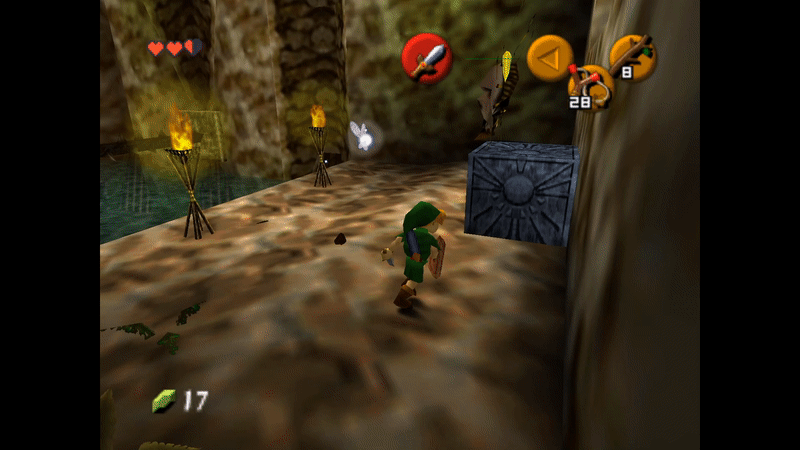 Child Link (The Legend of Zelda: Ocarina of Time) sidles up to a wall while a targeting crosshair focuses on a giant spider. The camera moved through the nearby wall, but the wall fades from view as this happens, allowing Link to see the spider's underside, which he shoots with his slingshot.