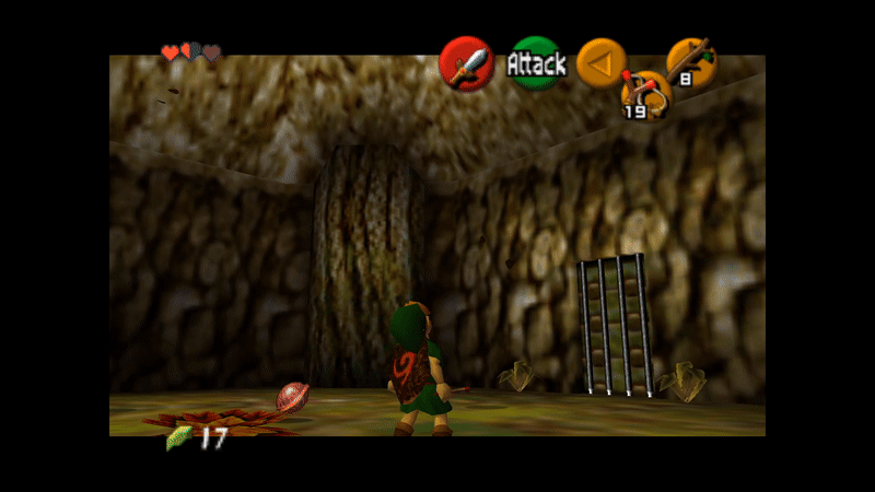 Child Link (The Legend of Zelda: Ocarina of Time) shoots a strange giant egg off of a ceiling, in a naturalistic  wooden interior, using his slingshot. He then stabs a nearby giant bug with his sword, then shoots it as it runs away.