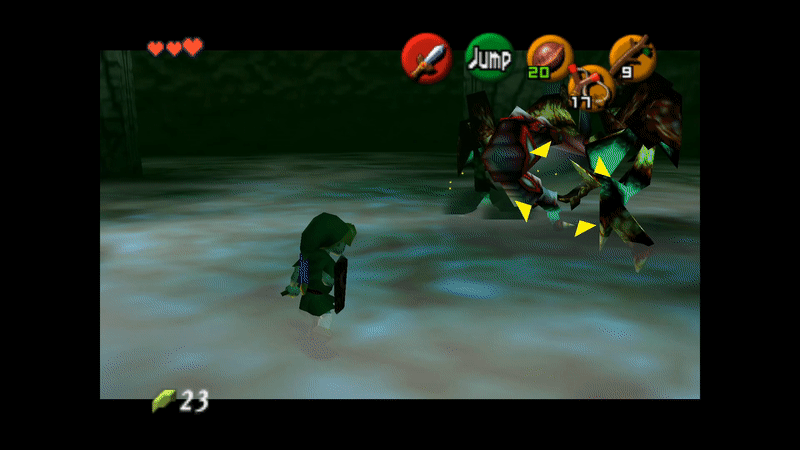Child Link (The Legend of Zelda: Ocarina of Time) pursues an elephant-sized cyclopic insect as it climbs up a wall in a dark cavern. Link aims up at it with a targeting crosshair focused on it, then shoots its eye with his slingshot.