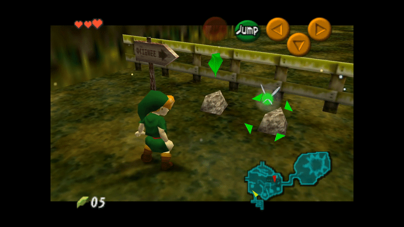 Child Link (The Legend of Zelda: Ocarina of Time) strafes to the left and right while a targeting crosshair focuses on a rock in a grassy forest. The rock remains center-camera, while Link shifts to either side of the camera.