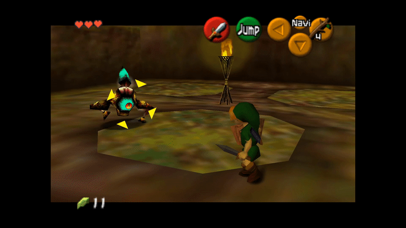 Child Link (The Legend of Zelda: Ocarina of Time) hops to the side repeatedly in a naturalistic wooden interior. A targeting crosshair focuses on a giant cyclopic bug. When Link is almost side-on to the camera, he does a back flip.