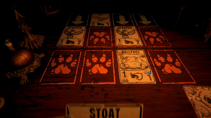 In dark cabin a rustic card game is set up on a wooden table, seen from first-person perspective. The player draws a card featuring a silhouetted figure with the name... Explodia