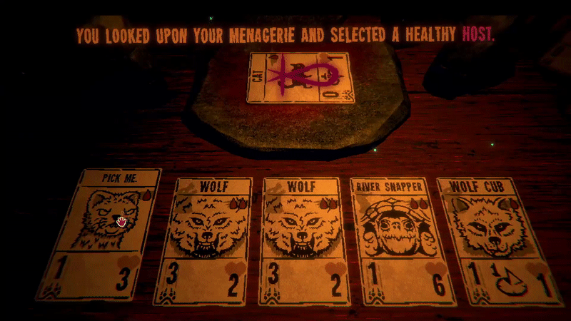 A stone altar is placed on a wooden table immersed in shadow. A set of cards featuring the likeness of beasts is lined up before the altar. A card with a cat is sacrificed on the altar and disappears, but a stoat card is granted the cat's sigil, a special power in the form of an infinity sign on a dagger.