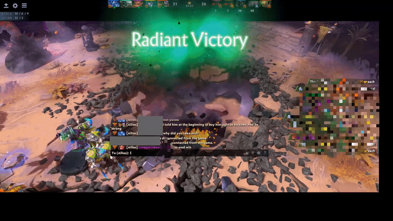 The aftermath of a green explosion in an open plain is overlaid with the words 'Radiant Victory'. In response to someone asking 'why did you mid' I respond 'so wed win, like this', to which someone responds 'like milk'.

A scoreboard follows.