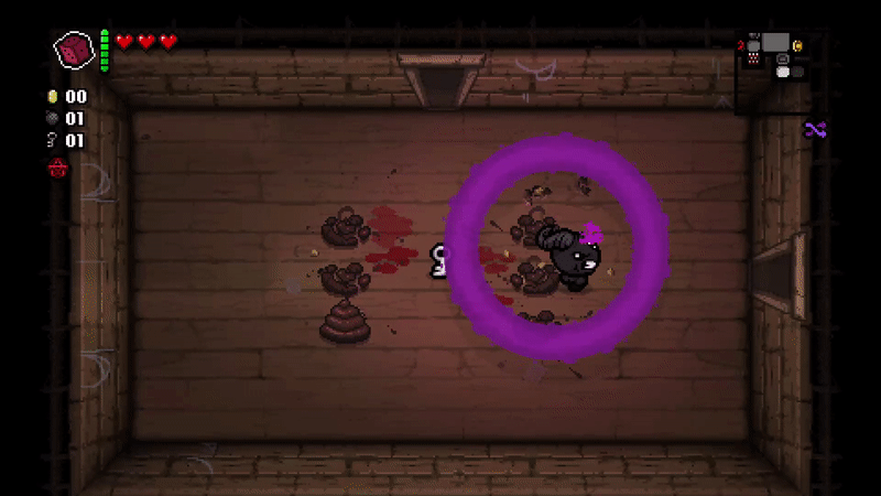 Isaac from The Binding of Isaac: Rebirth runs around a dingy basement. A purple ring of laser beam moves around the room, contorting and destroying nearby enemies.