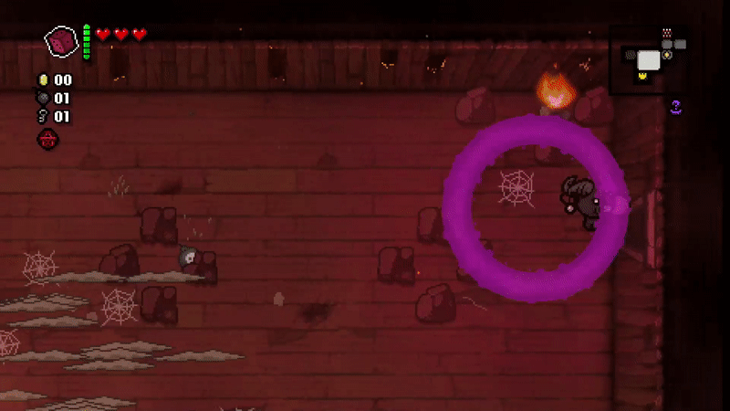 Isaac from The Binding of Isaac: Rebirth runs around a burning basement. A purple ring of laser beam moves around the room, contorting and destroying nearby enemy spiders.