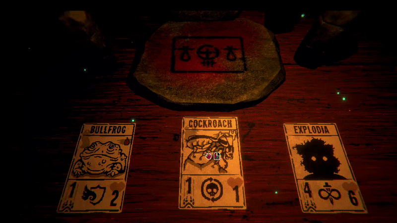 A stone altar is placed on a rustic wooden table. Several cards are lined up along it, and two are selected. One is sacrificed and disappears to empower the other, Explodia