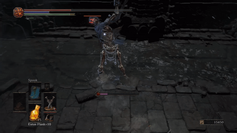 An undead wrapped in tattered garb thrashes two daggers at a cloaked skeleton in an dank catacomb. The skeleton takes damage. but the hit effects against it are dull and understated.