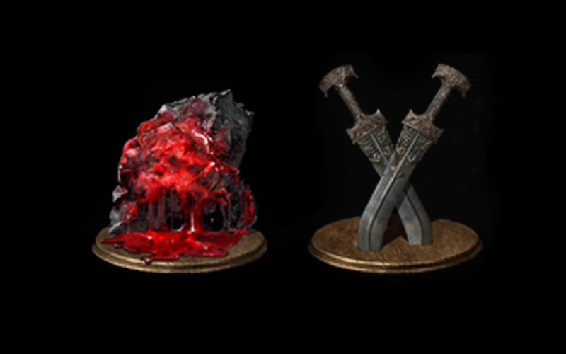 On two pedestals, side-by-side, sits a jagged stone covered in a shiny oozing red liquid, dribbling onto one pedestal. On the other, a pair of curved knives crossed over each other.