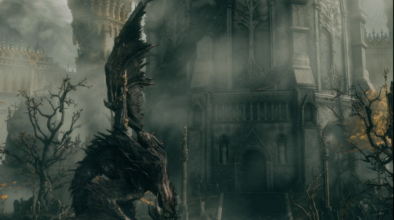 A hunched, cloaked figure gently caresses the face of a skewered dragon carcass in a castle courtyard. A close up of the figure reveals a six fingered hand.