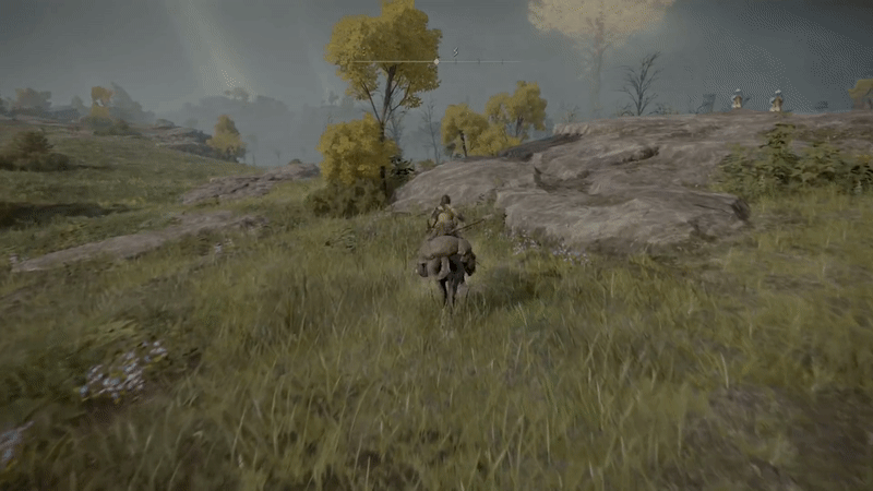 A warrior astride a horned horse leaps over brush and rocks as they ride across a field. To jump over a tree, the horse gains additional height with a spectral magic circle in midair.