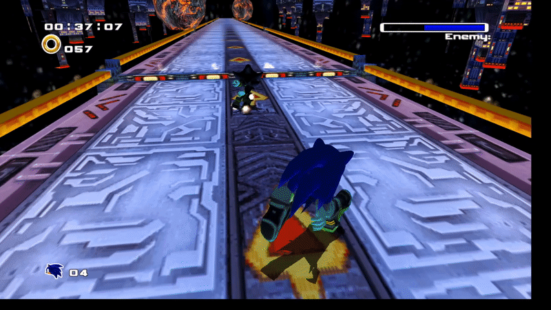 Sonic the Hedgehog outruns Shadow. A moment later, Shadow teleports in front of Sonic in a flash of green light.