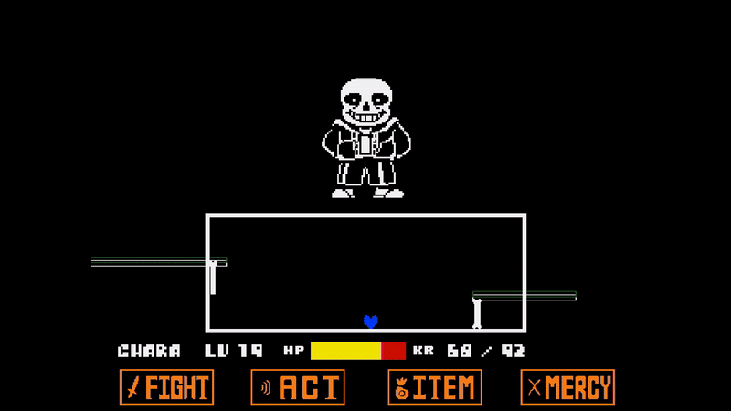 Sans the skeleton stares you down from a black void with a battle UI overlay, as the player's heart-cursor, now blue, jumps across platforms littered with bones.