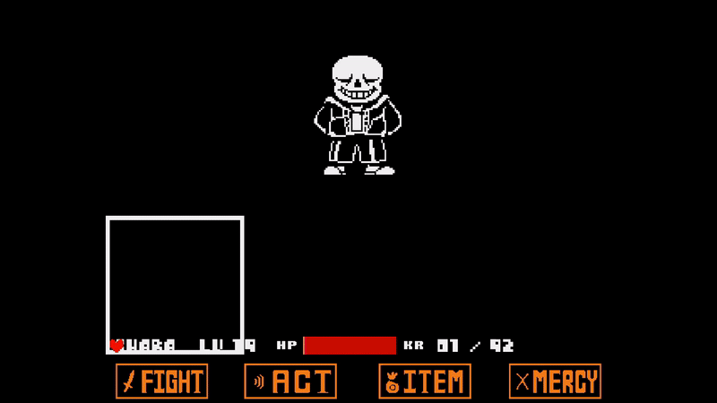 Sans the skeleton sleeps, standing up, in the center of a screen with a battle UI. A red heart-shaped cursor moves over to the UI button labeled "FIGHT". A slashing effect moves toward Sans, but he slides out of the way and begins to speak, but is cut off by a second attack, which leaves a violent gash across his chest.