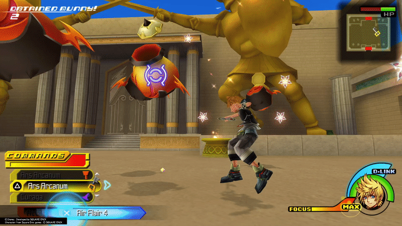Ventus from Kingdom Hearts Birth by Sleep (who resembles Sora) swings at an airborn enemy shaped like a pot. Several attacks miss, and Ventus is left hanging in the air for a moment before falling, after each attack.