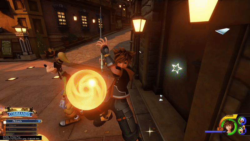 Sora from Kingdom Hearts 3 showcases an attack combo with a flashy series of slashes accentuated with powerful light energy, these attacks come out rather rapidly.