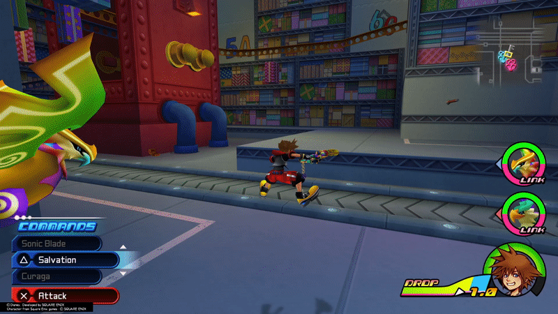 Sora from Kingdom Hearts Dream Drop Distance slashes at the air while standing on the ground in a mailroom, then does in the same after jumping. The command deck can be seen in the bottom-left.