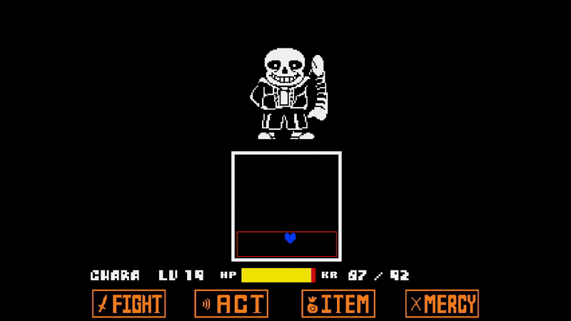 The skeleton Sans sends an onslaught of bones and laser beams at the player's heart-shaped cursor, turned blue now. After a moment he sends the blue heart careening into a deadly maze of bones as it flies against its will to the right side of the screen.
