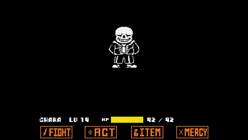 The skeleton Sans stands in a black void, above a battle UI overlay. He says "ready?" then suddenly unleashes a barrage of bones and laser beams to attack the player, represented by a red heart-shaped cursor.