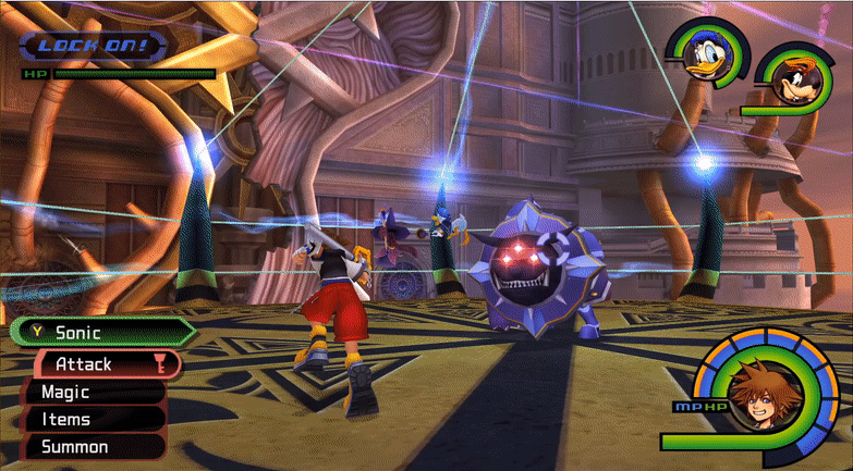 Sora from Kingdom Hearts stands on a floating platform with a shield-wielding enemy, and rapidly dashes at and through them, holding out his keyblade.
