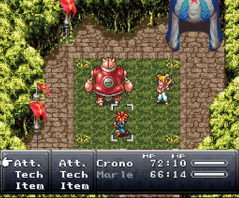 A red-haired young swordsman teams up with a blonde young woman with a crossbow to fight a large red robot in a festival courtyard. After a moment, the robot wanders a little ways away from its opponents. The swordsman runs up to strike, then jumps back to his starting position, and the game's UI reads "Too far away to counterattack." at the top of the display.