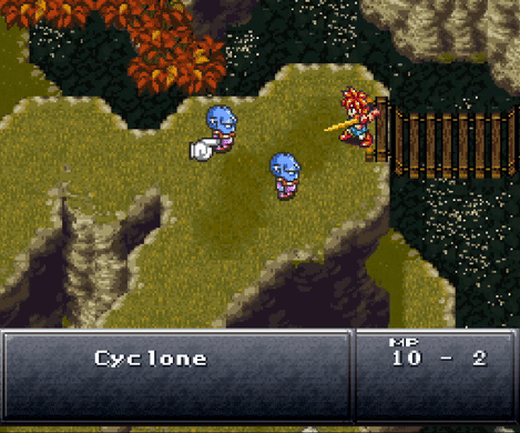A red-haired swordsman is accosted by a pair of blue goblins. One kicks him. The swordsman then spins his blade around in a cyclone, hitting and dispatching both goblins at once.