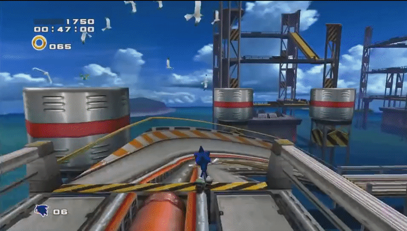 Sonic the Hedgehog from Sonic Adventure 2 nimbly launches himself across great gaps of water, from scaffolding to scaffolding on a metal harbor platform, rolling up each time to build speed before each launch.