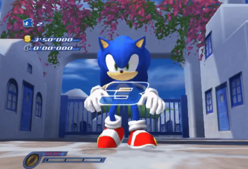 Sonic the Hedgehog from Sonic Unleashed gets ready during a racing countdown, then rolls into a ball briefly before slowing to a stop.