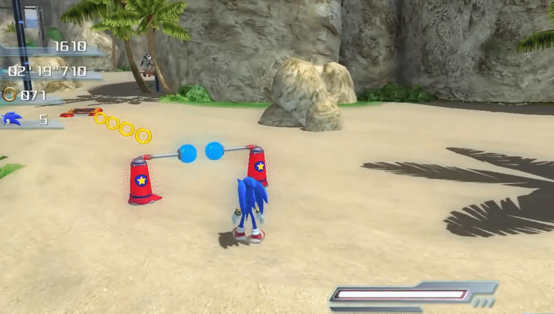Sonic the Hedgehog from Sonic the Hedgehog (2006) rolls into a ball with an intense pulsing light around him on a beach, before launching out toward some hostile robots.