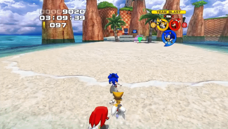 Sonic, Tails, and Knuckles from Sonic Heroes are at a tropical beach. Sonic rolls into a ball as Tails and Knuckles push him from behind, a light briefly envelopes him as he rockets off ahead, but his speed is cut down when he jumps into the air.