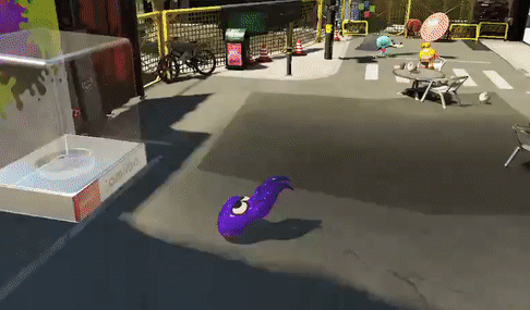In a peaceful urban sidewalk patio, a purple octopus repeatedly bounces around in a circle on the pavement, before transforming into the purple silhouette of a young girl.