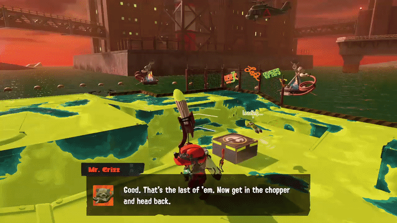 Octo-girls and squidkids are celebrating, only.. "EMERGENCY!" appears in orange text. Suddenly, a GIANT, like 30-60 foot tall salmon appears, and roars like godzilla. "King Salmond Cohozuna" appears in white text.