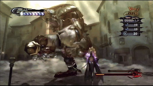 The black catsuit-wearing witch Bayonetta fights two angelic lizard monsters in a quaint yet abandoned European town. She dodges nimbly out of the way of an axe strike, as time slows around her in a purple haze. She leaps into the air and beats one of the lizards to death while he can hardly move.