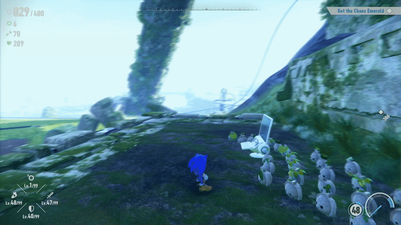Sonic jumps into a blue spinning ball, and lands on the grassy hill as such, rolling down across the landscape at high speed, before unrolling into a jog.