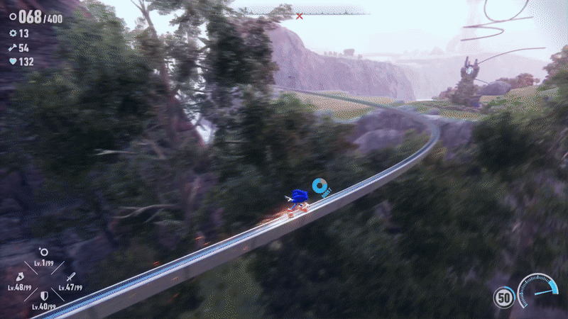 Sonic is sliding across a grindrail, offset from a cliff overlooking the sea. He jumps off the rail to reach the cliff, but in midair, the camera shifts perspective to focus on a distant menacing robot labeled "Tower". This shift in perspective has killed Sonic's momentum, and he falls into the ocean like a sack of bricks.