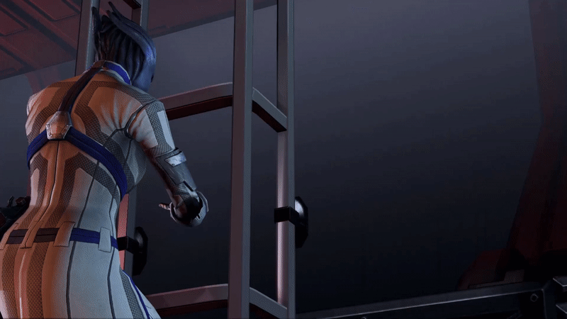 A blue alien woman (Liara from Mass Effect) looks over her shoulder to snark at the camera while she climbs a ladder.