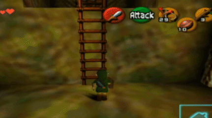 Link from The Legend of Zelda: Ocarina of Time climbs a wooden ladder up a wall to reach a door.
