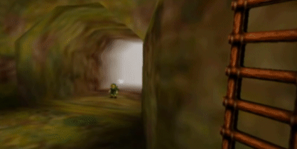 A camera pans down on a wooden ladder leaned against a wall in the foreground. Young Link from The Legend of Zelda: Ocarina of Time has just entered the scene from a lit passage in the background.