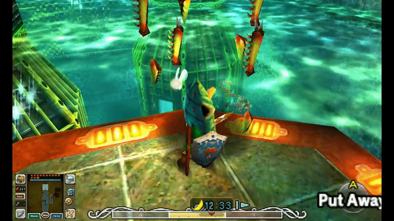 In an interior pipeworks chamber flooded with water, there are some conspicuous sparkles on the water. Link from The Legend of Zelda Majora's Mask, shoots magic ice arrows at each sparkle, although misses his target once, and the ice arrow fizzles on the water.
